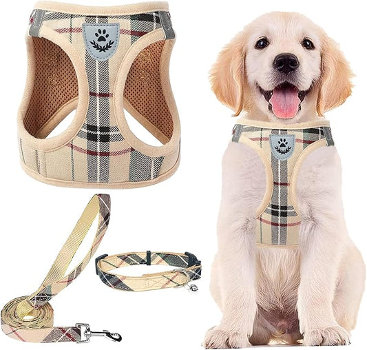 PUPTECK Adjustable Dog Harness Collar and Leash Set Step in No Pull Pet Harness for Small Medium Dogs Puppy and Cats Outdoor Walking Running, Soft Mesh Padded Reflective Vest Harnesses, Beige XXL