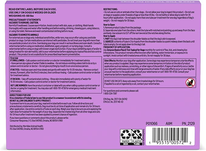 Amazon Basics Flea and Tick Topical Treatment for Large Dogs (45-88 pounds), Unscented, 3 Count, Packaging May Vary
