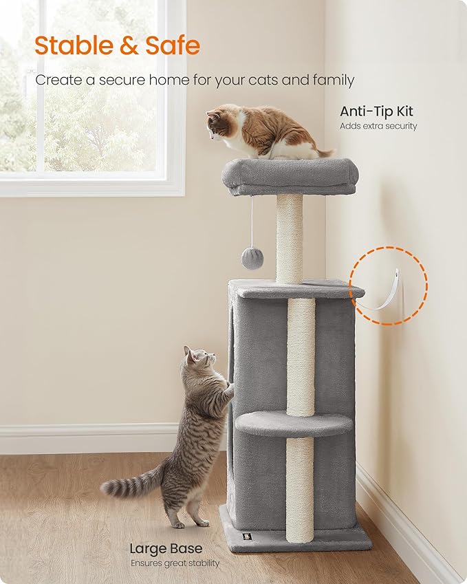 Feandrea Cat Tree, Small Cat Tower for Indoor Cats, Plush Cat Caves with Perch, Scratching Posts, for Small Spaces, Kittens, Light Gray UPCT005G01