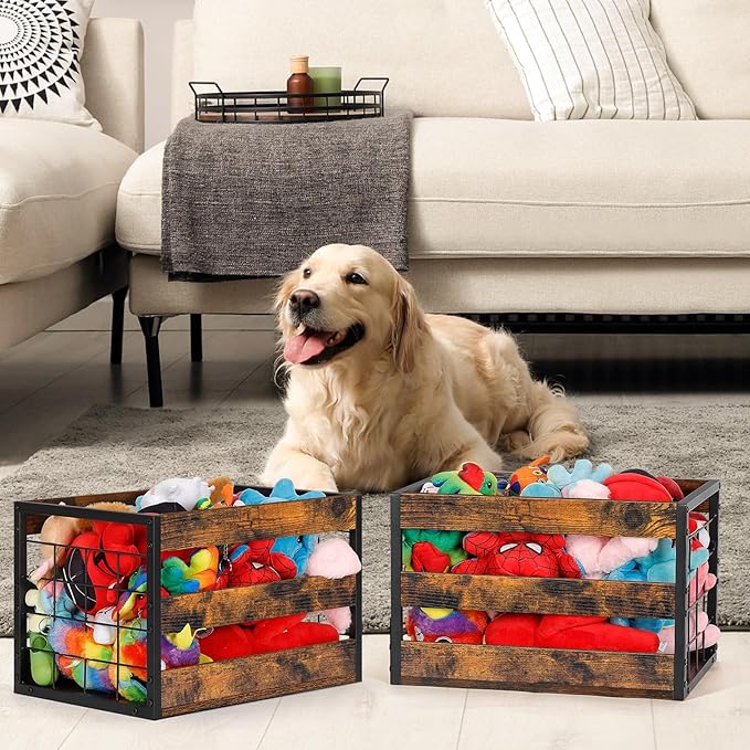 CADUKE Dog Toy Bin Set of 2, Metal Dog Toy Storage Baskets with Handles, Large Dog Toy Box, Durable Doy Toy Organizer, Perfect for Organizing Chew Toys, Puppy Leash, Accessories