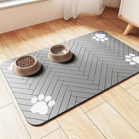 Pet Feeding Mat-Absorbent Pet Placemat for Food and Water Bowl, with Waterproof Rubber Backing, Quick Dry Water Dispenser Mat for Dog and Cat (24"x16", Striped Light Gray)