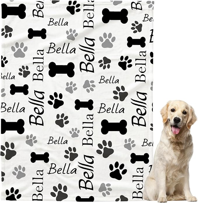 Custom Pet Name Personalized Dog Blanket, Puppy Gift for Dog Lovers, Cute Dog Paw Prints Soft Flannel Throw Blanket for Bed, Sofa, Travel, Large 80"x60" for Adults