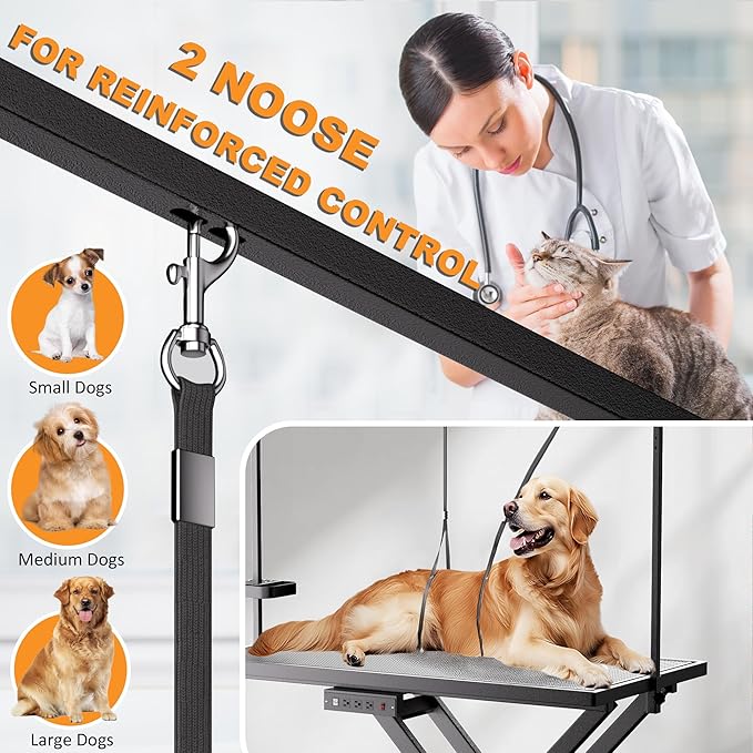 Professional Electric Lift Dog Grooming Table, 50 Inch Heavy Duty Pet Grooming Station with Roller, Adjustable Overhead Arms and Tool Organizer Suitable for Home and Commercial Use