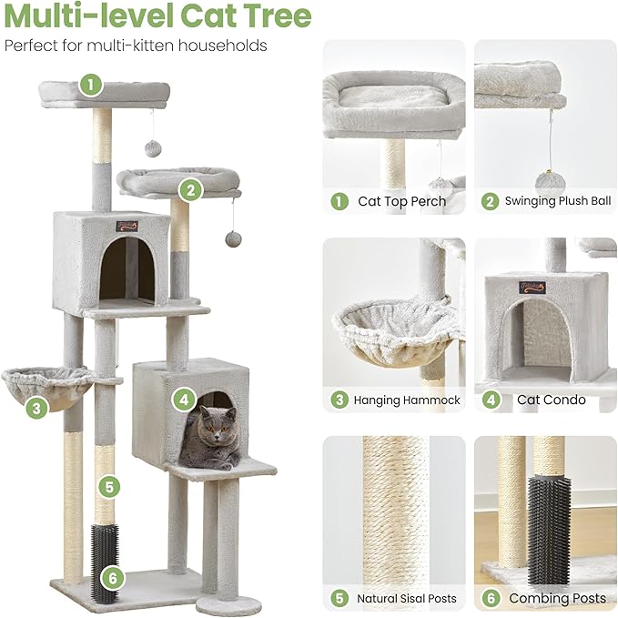Cat Tree Tower for Indoor Cats Large Adult - 65 inch Extra Tall Cat Condo Trees with Scratching Post Hammock Perch - Big Heavy Duty Multi Level Cat House Towers - Kitty Condos Climbing Furniture