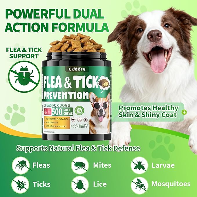 Flea and Tick Prevention for Dogs Chews- 500 Crunchy & Creamy Chews, Dogs Flea Chewables with Skin & Coat Support - Oral Supplement for All Breeds & Ages - Chicken & Cheese Flavor