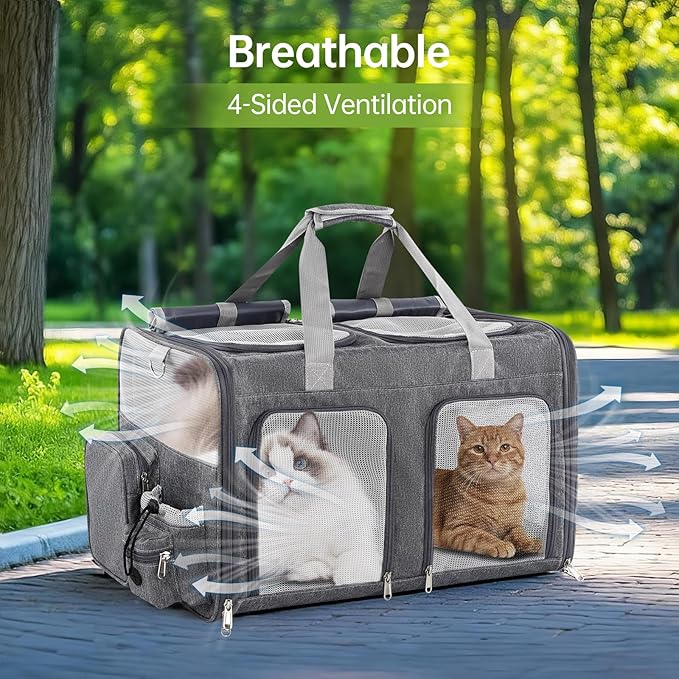 Cat Carrier for 2 Cats - Double Pet Carrier Extra Large, Dual Cabin Multi Cat Travel Carrier with Removable Divider, Collapsible, Can Hold 20 30 40 lbs for Two Small Kitten, a Medium Dog Gray