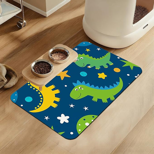 Cartoon Dino Pet Feeding Mat–Quick Dry Absorbent Dog Cat Food Mat, Non Slip Waterproof Bowl Placemat for Messy Eaters, Pet Accessories for Floors 12"x20"