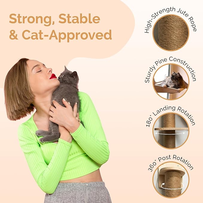 Space Saving Cat Wall Shelves, Window and Wall Mount 4-in-1 Cat Tree – Hammock, Cat Scratching Post, Two Steps with Grips – Natural Pine, Jute Rope – Beige