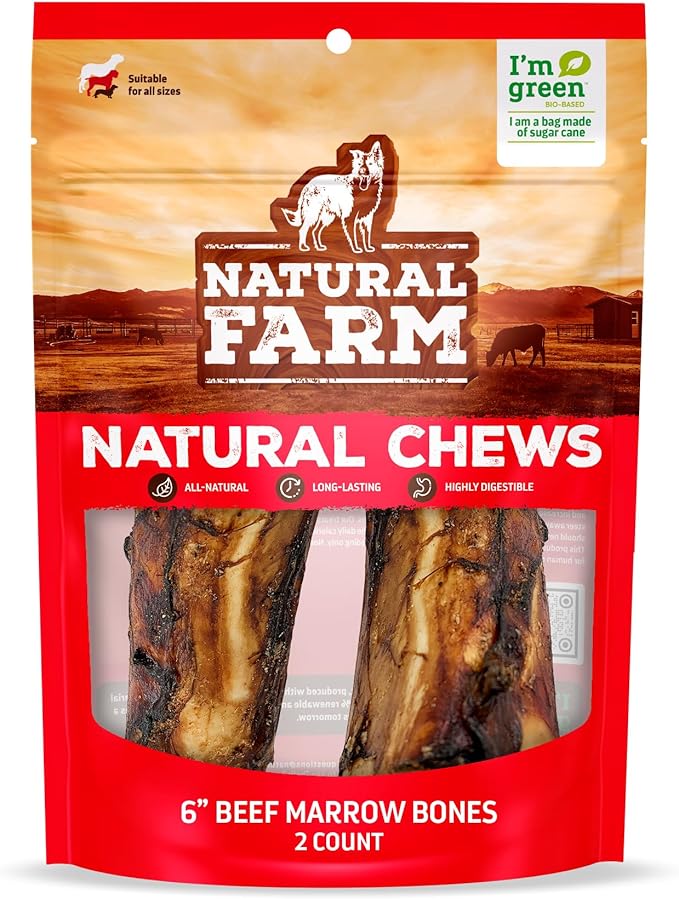 Natural Farm Dog Bones for Large Dogs (5-6 Inch, 2-Pack), 100% Beef Bone Marrow Dog Treats, High in Minerals & Vitamins, Grain-Free, Long-Lasting Bones Chews, Supports Dental Health