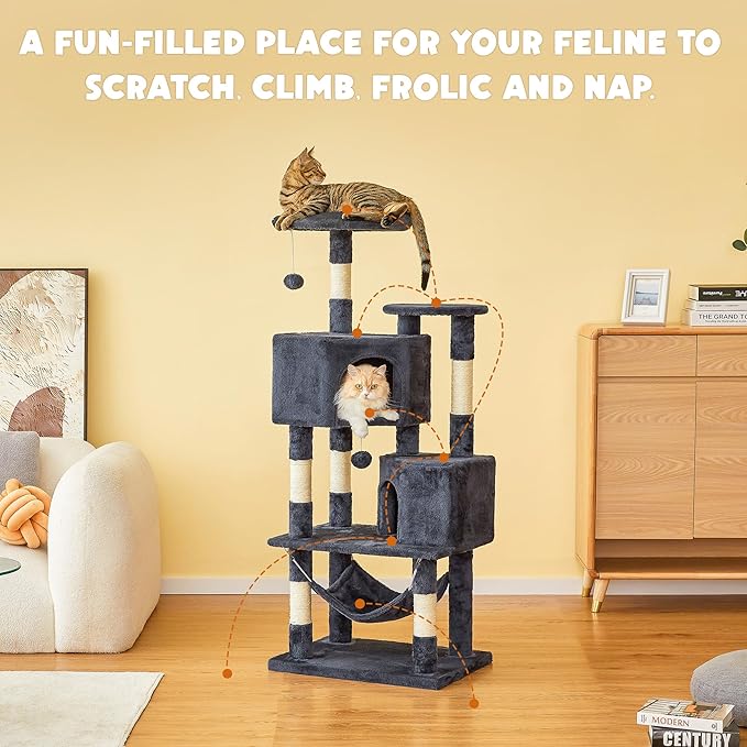 Cat Tree for Indoor Cats - Tall Multi-Level Cat Tower with Condos, Sisal Scratching Posts and Hammock, Top Perch with Dangling Toys for Large Cats and Kittens, Smoky Grey