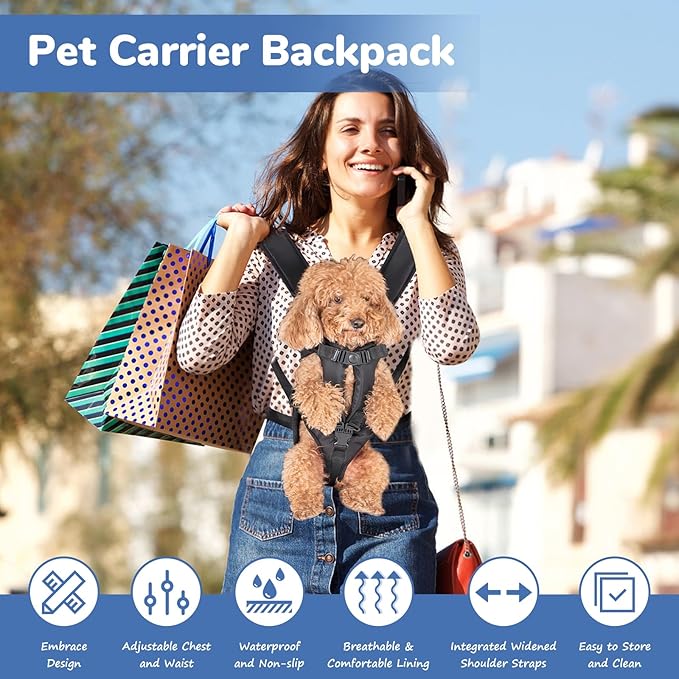 Pet Carrier Backpack, Adjustable Front Dog Carrier, Legs Out Dog Chest Carrier, Waterproof Dog Back Pack for Small Medium Dogs Cats Puppies and Rabbits Hiking Camping (Black, Small)