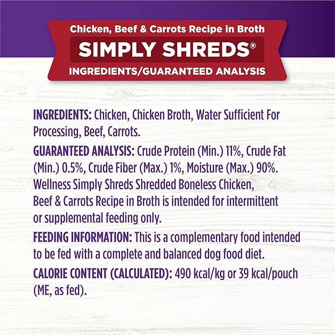 Wellness Bowl Boosters Simply Shreds Wet Dog Food Topper for Small, Medium, & Large Breeds, Grain Free, Natural, Chicken, Beef & Carrots, 2.8 Ounce Pouch (Pack of 12)