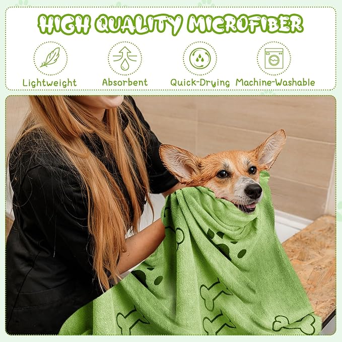 Tatuo 12 Pcs Dog Grooming Towels 28 x 55 Inch Microfiber Drying Pet Bath Towels Dog Absorbent Towel Quick Drying Puppy Bathing Supplies for Small Medium Large Puppy Cat(Green,Paw, Bone)