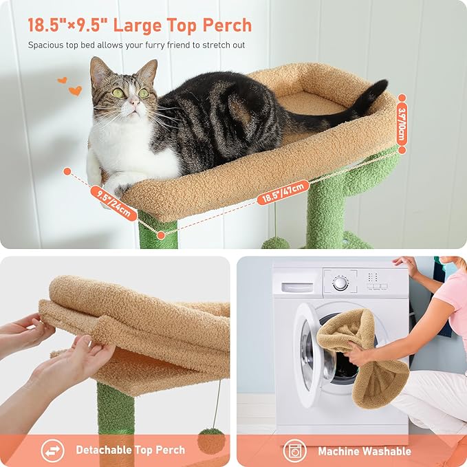 Cactus Cat Tree for Indoor Cats, 2 Cozy Condos with Spacious Top Perch, 56.3-Inch Multi-Level Cat Tower with Scratching Posts, 2 Caves, Plush Hammock and Climbing Ramp, Green