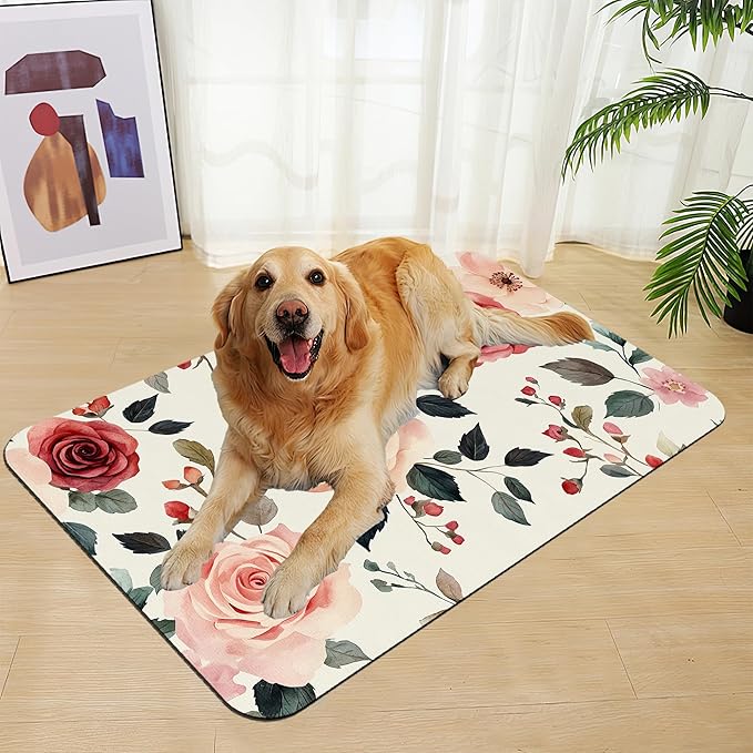 Pink Flower Leaf Pet Feeding Mat–Quick Dry Absorbent Dog Cat Food Mat, Non Slip Waterproof Bowl Placemat for Messy Eaters, Pet Accessories for Floors 12"x20"