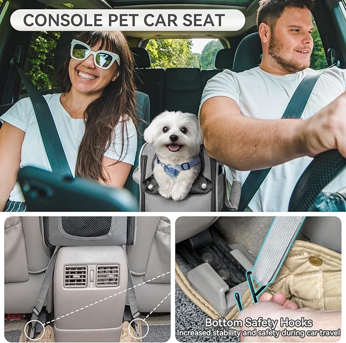 PETSFIT Multipurpose Center Console Dog Car Seat, Airline Approved Dog Car Carrier with Safety Tether and Pockets, Portable Cat Car Seat, Dog Car Seats for Small Dogs, Cats Up to 9 LBS (Deep Grey)