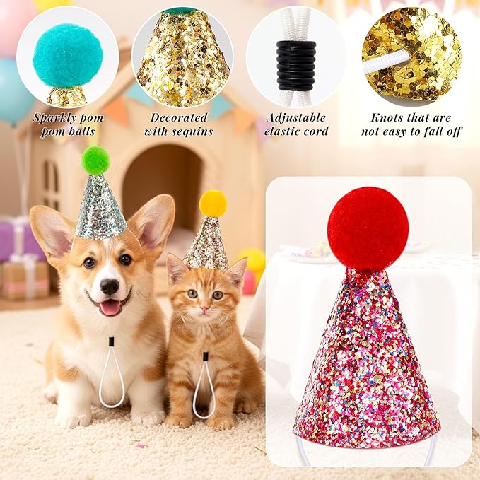 10 Pcs Mini Cat Birthday Party Hats with Pompoms Colorful Sequins, Puppy Holiday Wedding Hats, Cute Pet Costume Hat Accessories for Small Dogs Kittens Rabbits Stuffed Animals (Small, Round pom-pom)