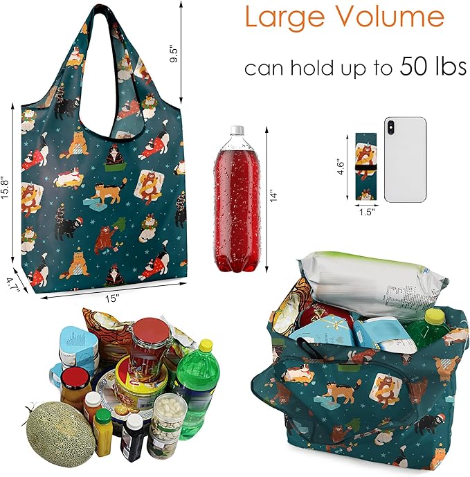 BeeGreen Christmas Cats Reusable Grocery Bags 6 Pack Cats Reusable Shopping Bags Bulk with Elastic Band Foldable-Machine Washable Christmas Gifts Tote Bags Animals Pattern