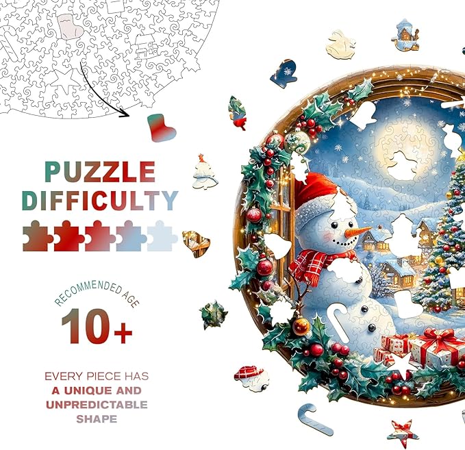 Wooden Puzzles for Adults - Snowman's Vigil Wooden Jigsaw Puzzle, Unique Animal Shaped Wood Puzzles Adult, Christmas Birthday Gifts for Friends/Family, Home Decor 13.4 * 13in 300pcs