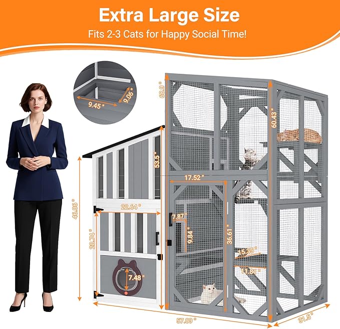 3 Tiers Catio 69" H Large Cat Enclosures House for Outdoor Indoor Feral Cats Shelter with Window Access, Adjustable Two-Way Access Hole, Weatherproof Roof, 3 Resting Rooms, 3 Platforms