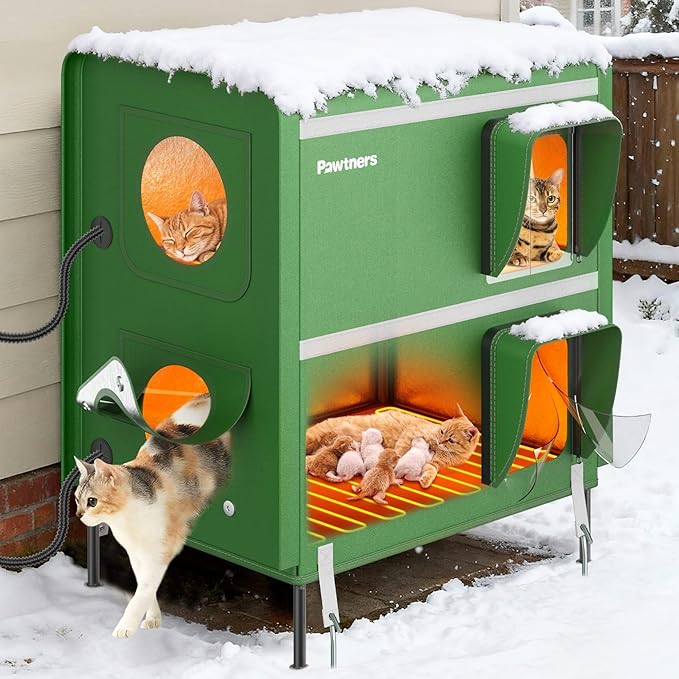 Pawtners Heated Outdoor Cat House for Outside Cats, 26'' XXL 2-Story Insulated Weatherproof Cat Shelter with Heated Pad, Elevated Feet & Escape Door, Warm Kitty House for Feral or Stray Cats in Winter
