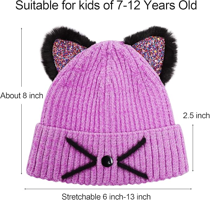 Kids Girls Cat Ear Hat Winter Warm Knit Beanie Cute Ski Skull Cap for Ages 7-12