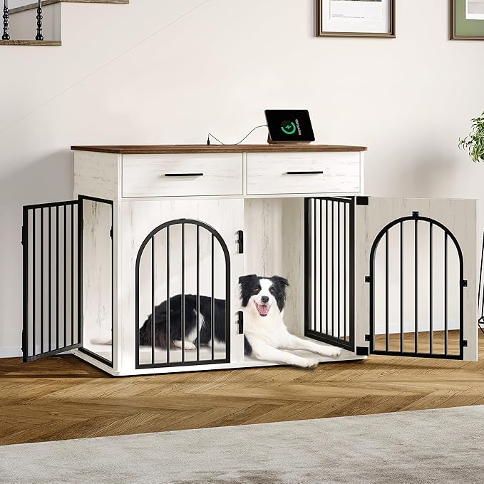 39.4'' Large Dog Crate Furniture with 2 Storage Drawers, Heavy Duty Dog Kennel Indoor with Charging Station, Wooden Dog Cage End Table Kennel for Medium/Large Dogs, White Brown DFC84214B