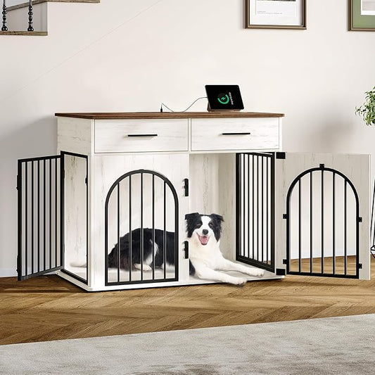 39.4'' Large Dog Crate Furniture with 2 Storage Drawers, Heavy Duty Dog Kennel Indoor with Charging Station, Wooden Dog Cage End Table Kennel for Medium/Large Dogs, White Brown DFC84214B