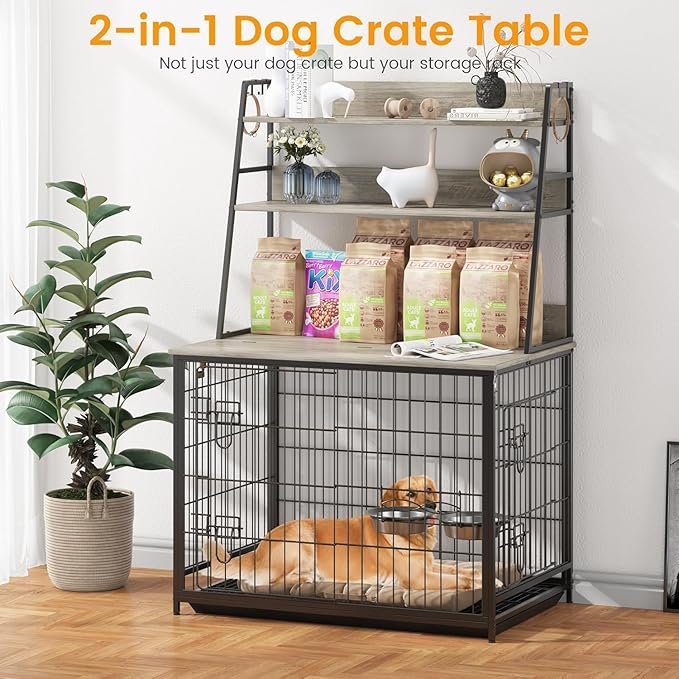 57 Inch Dog Crate Furniture with Storage - Large Dog Cage with Double Door,Dog House Kennel Indoor with Two 7" Dog Bowls,37.4"×24.4"×57.1",Grey