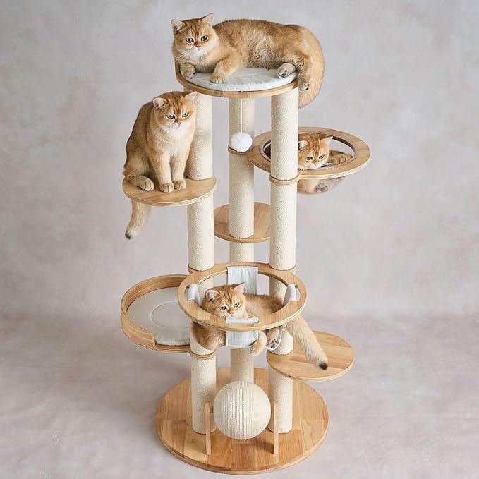 797Audio Modern Solid Wood Cat Tree Tower, 54" Tall Cat Tree with Sisal Scratching Posts, Capsule&Hammock,Natural Oak Wooden Cat Tower,Aesthetic Multi-Level Cat Climbing Tree for Large Indoor Cats