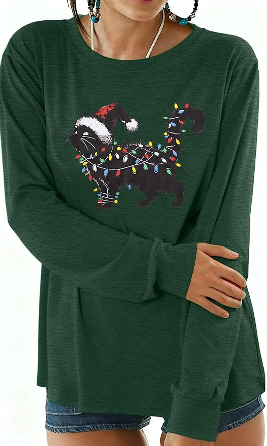 JINTING Cat Shirts for Women - Loose Fit Lightweight Long Sleeve Graphic Tee Fall Printed Crewneck Blouse Casual Tops