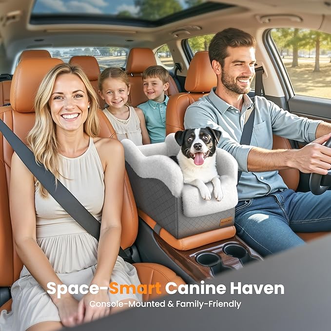Portable Small Dog Seat for Car, Luxury Center Console Dog Car Seat Booster with Safety Tethers, Anti-Collapse Pet Travel Carseat for SUV, Truck (Dark Grey/White)