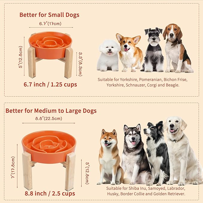 Elevated Slow Feeder Dog Bowl - Puzzle Maze Dish with Bamboo Stand - Raised Ceramic Food Bowl for Medium and Large Dogs - 8.8 Inch - Orange