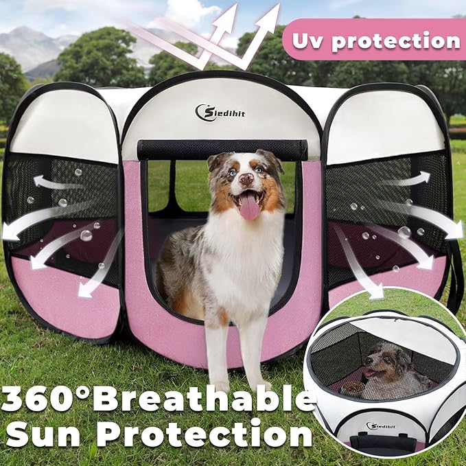 Pink Puppy Playpen for Large Dog Cat, Dog Tent Crates Cage Indoor/Outdoor, Portable Pop Up Dog Kennel with Carrying Bag for Rabbits, (Pink, Large)