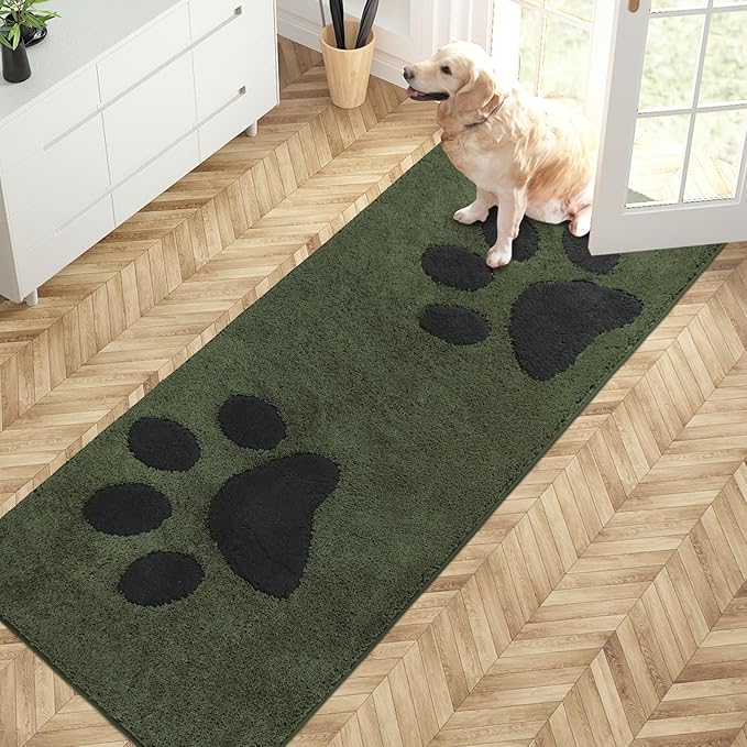 PURRUGS Dirt Trapping Door Mat 32" x 70", Non-Skid/Slip Machine Washable Microfiber Entryway Rug, Dog Doormat, Super Absorbent Welcome Mat for Muddy Wet Shoes and Paws, Green