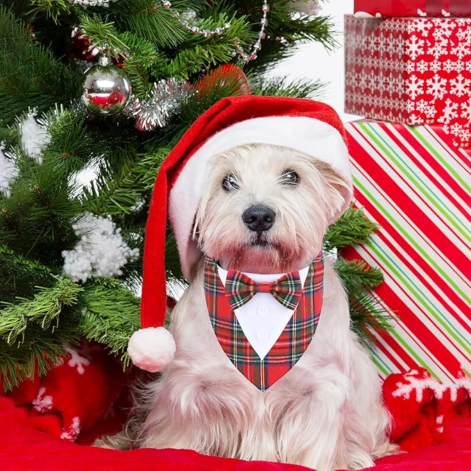 ADOGGYGO Christmas Dog Tuxedo Bandana, Red Plaid Pet Chritstmas Collar with Bowtie, Adjustable Christmas Costume for Small Dogs Pets (S)