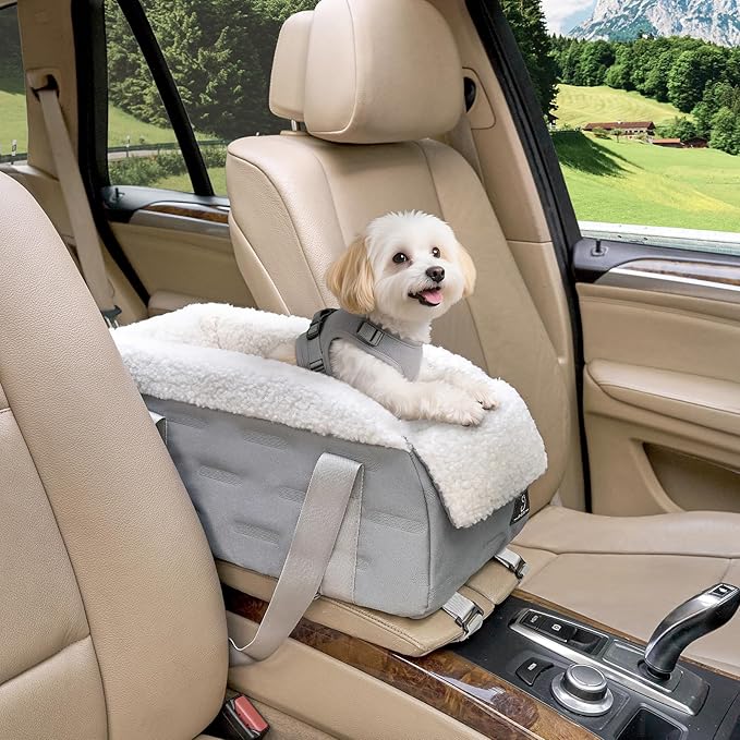 Center Console Dog Car Seat for Small Dogs Under 12 lbs – Secure Booster Seat with Safety Tether, Fits Most Cars & SUVs, Soft Washable Cushion, Portable Carrier Ideal for Pet Travel