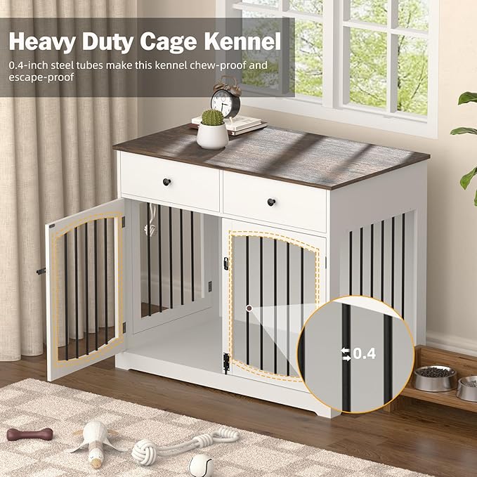 40'' Wooden Dog Crate Furniture–Farmhouse Dog Kenel-Multi Purpose Pet House with Double Doors, 2 Drawers, for Small, Medium & Large Dogs–White & Brown Finish