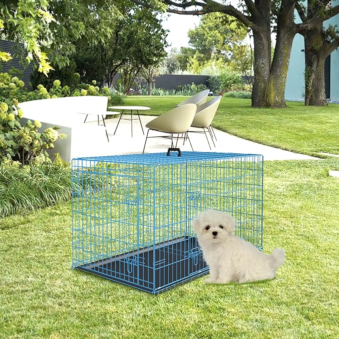 PayLessHere Small Dog Crate Kennel 24 inches Metal Dog Cage Double-Door Folding Travel Indoor Outdoor Puppy Playpen with Divider and Handle Plastic Tray,Blue