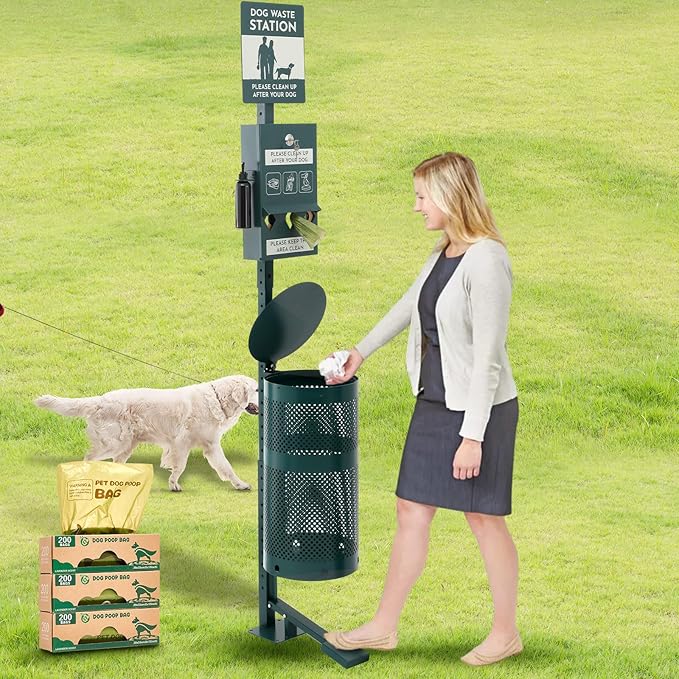 Pet Waste Station, Includes 600 Roll Bags, Dog Waste Station with Foot Pedal, Dog Poop Sign, Bag Dispenser, Hand Sanitizer Bottle and Covered Outdoor Trash Can for Parks, Trails Outdoor