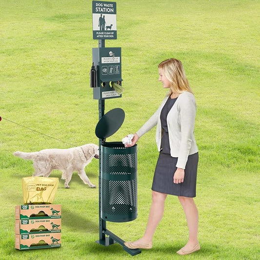 Pet Waste Station, Includes 600 Roll Bags, Dog Waste Station with Foot Pedal, Dog Poop Sign, Bag Dispenser, Hand Sanitizer Bottle and Covered Outdoor Trash Can for Parks, Trails Outdoor