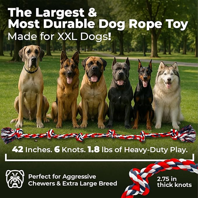Giant Dog Rope Toys for Extra Large Dogs 2 Pack - 42 Inch, 6 Knot Tough Rope Chew Toys for Large Dogs - Benefits Non-Profit Animal Rescue - Indestructible Dog Toy for Aggressive Chewers (Red)
