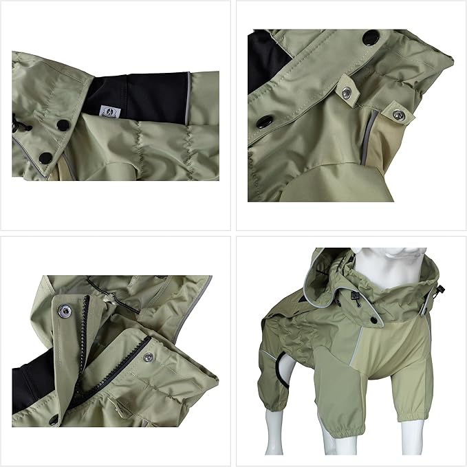 LOVELONGLONG Waterproof Dog Raincoat with Removable Hood – Outdoor Full Body Dog Jacket, Windproof Snowproof Shell Suit – All Season Pet Rain Gear Sage Green XXS