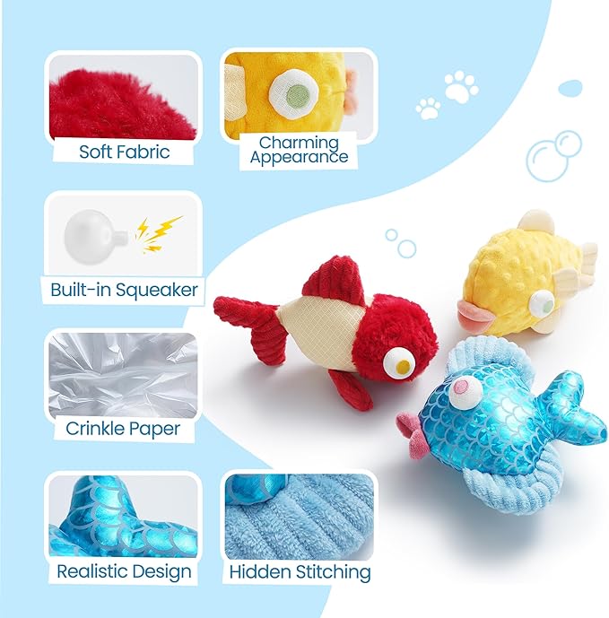 Nocciola Tough Dog Toys, Squeaky Dog Toys to Keep Dogs Busy with Two Resistant Layer & Crinkle Sound, Googly Eyed Fish Gang Puppy Teething Toys for Small, Medium, Large Breeds, 3 Pack