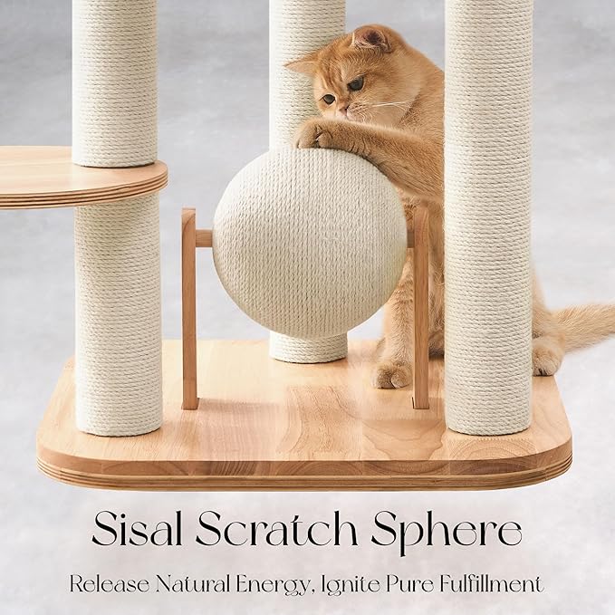 797Audio Modern Solid Wood Cat Tree Tower, 49" Tall Cat Tree with Sisal Scratching Posts and Capsule for Large Cats, Natural Oak Wooden Cat Tower,Aesthetic Multi-Level Cat Climbing Tree for Indoor Cat