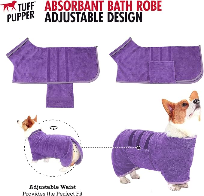 Tuff Pupper Fast Drying Dog Bath Robe | 800 GSM Plush Dog Towel Bathrobe/Dressing Gown | Super Absorbent Pet/Puppy Bathrobe | Adjustable Hood & Belly Strap | Super Soft | Fast Drying (L, Purple)