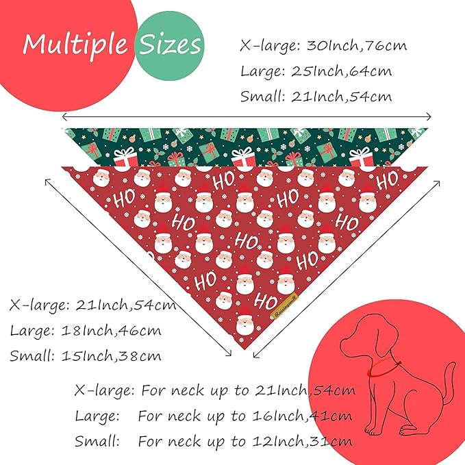 Christmas Dog Bandanas 2 Pack, 4 Pattern Reversible Holiday Bandana for Boy and Girl, Dog Scarf for Small and Medium Breed Dogs | Chritmas Gift | Reindeer | Santa Claus | Tree |