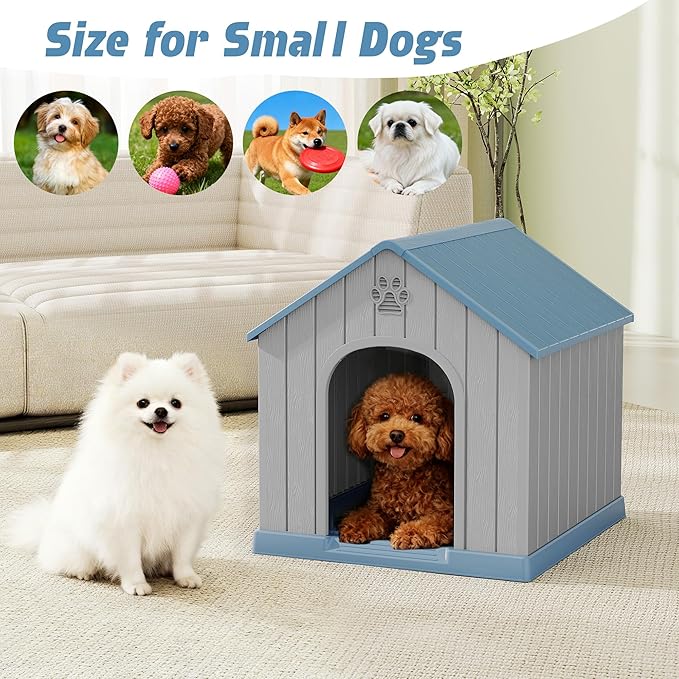 Dog House Outdoor Indoor for Medium Large Dogs, Durable Plastic Waterproof Doghouse with Air Vents and Elevated Floor, Easy Clean and Assemble (Blue, 26.18''L × 24.02''W × 25.98''H)