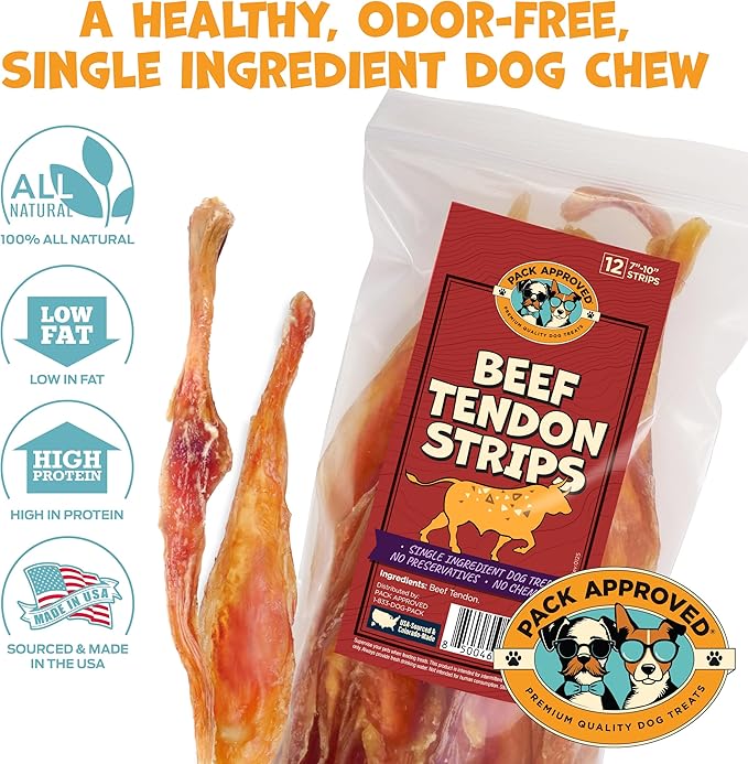 Beef Tendons for Large Dogs & Medium Breeds - Digestible Chews & Dog Treats for Large Dogs - Single Ingredient Dog Chew Sticks - 7-10" (12ct)