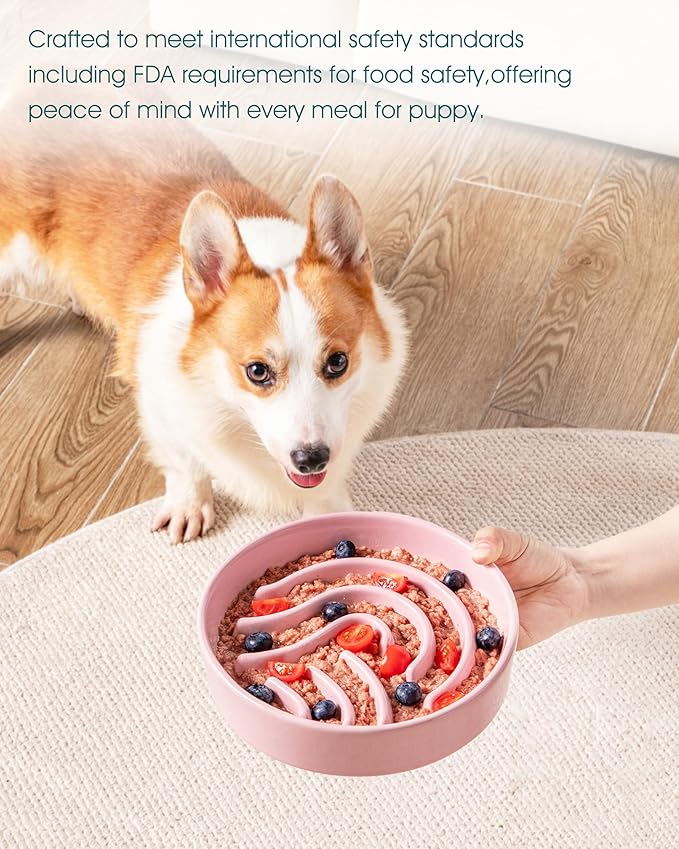 vancasso Slow Feeder Dog Bowl, 1.5 Cup Ceramic Slow Feeding Food Dish for Small and Medium Breed, Puzzle Dog Food Bowl for Fast Eater, Pink